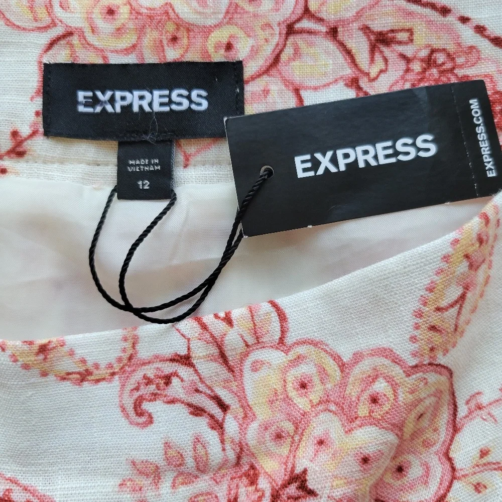 Express Women's Pink Ivory Linen Blend Floral Tiered Ruffle Mini Skirt Sz 14 New
